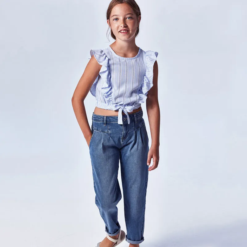 6549 Mayoral Girls Medium Denim Jeans, Modern Pleated