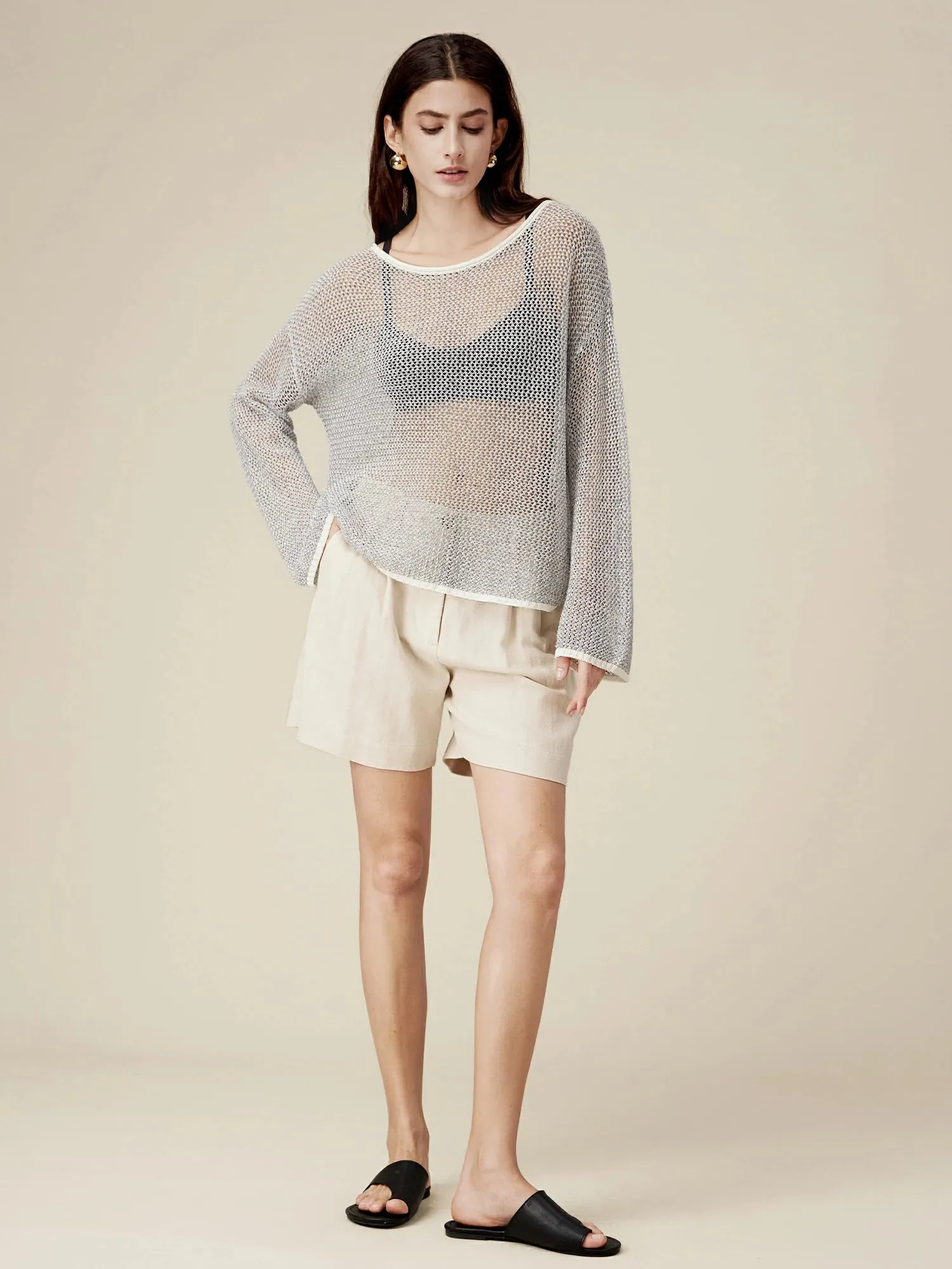 Amoretu Linen Crochet Hollow Out Top