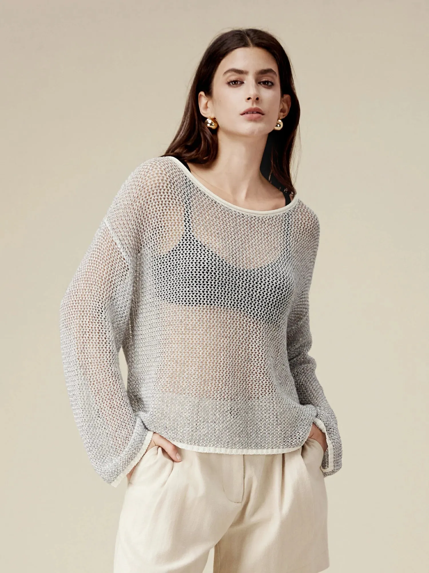 Amoretu Linen Crochet Hollow Out Top