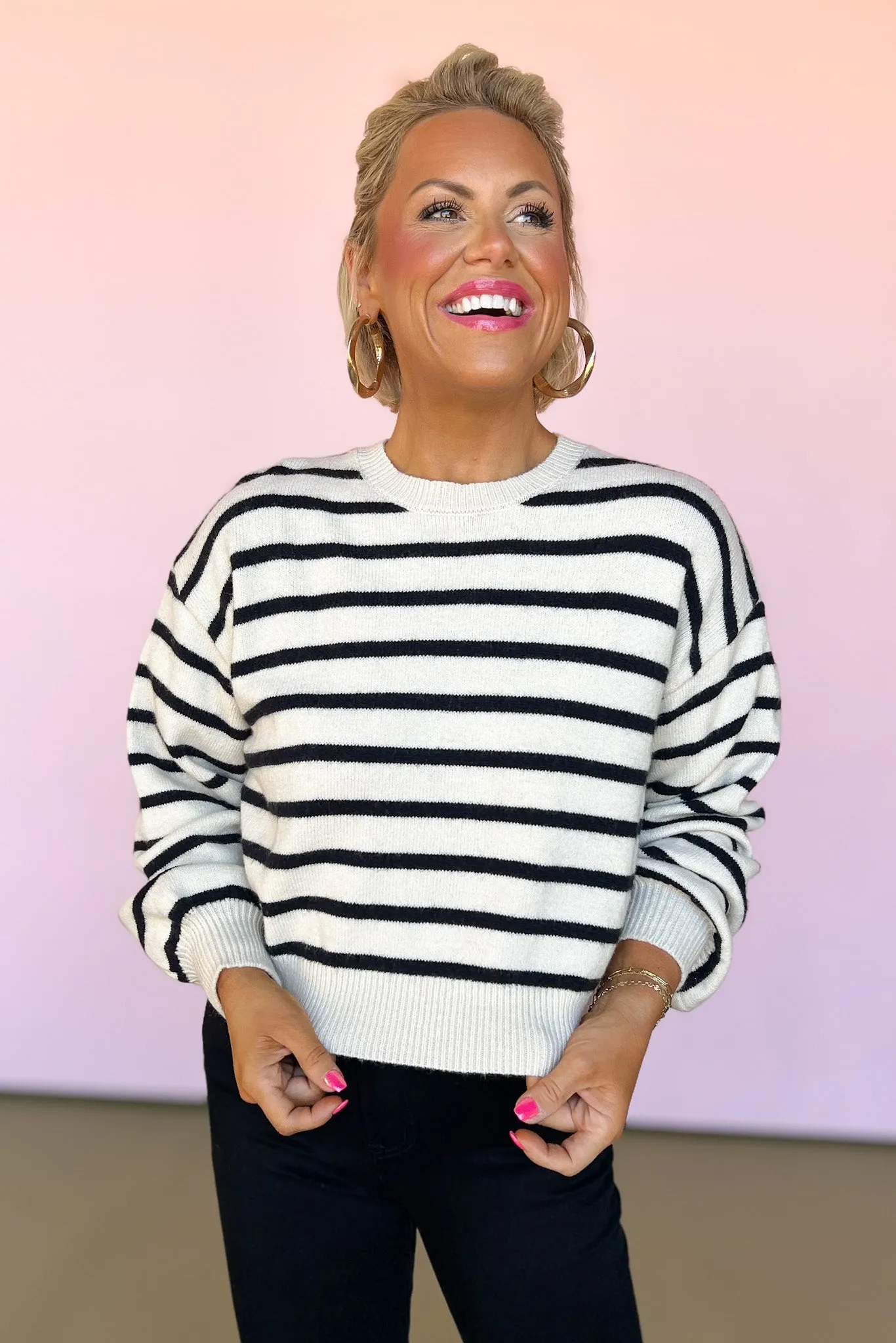 Black Knit Stripe Back Button Design Sweater *FINAL SALE*