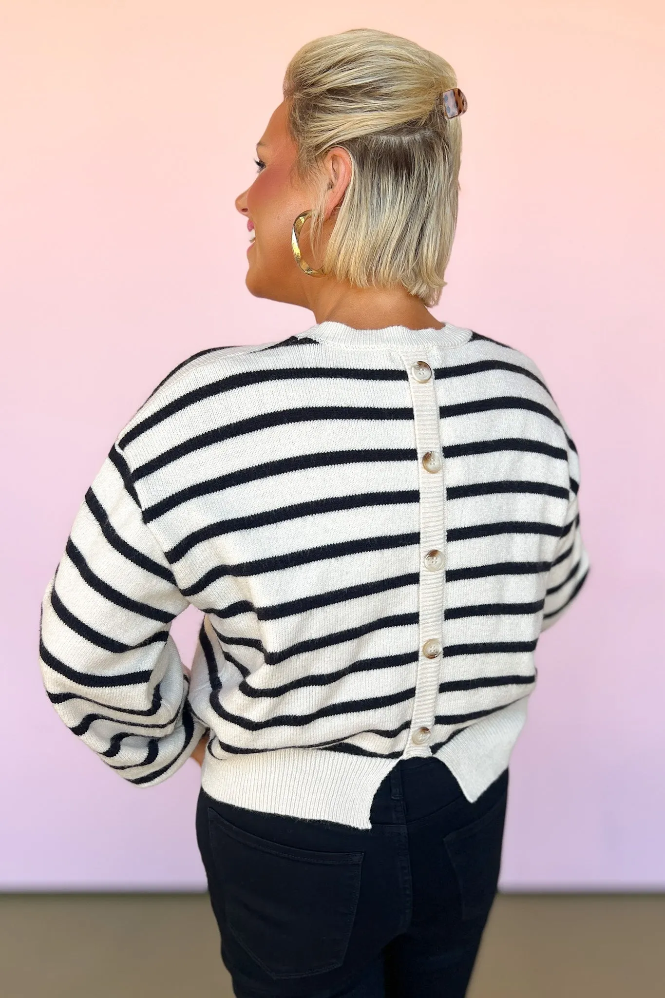 Black Knit Stripe Back Button Design Sweater *FINAL SALE*