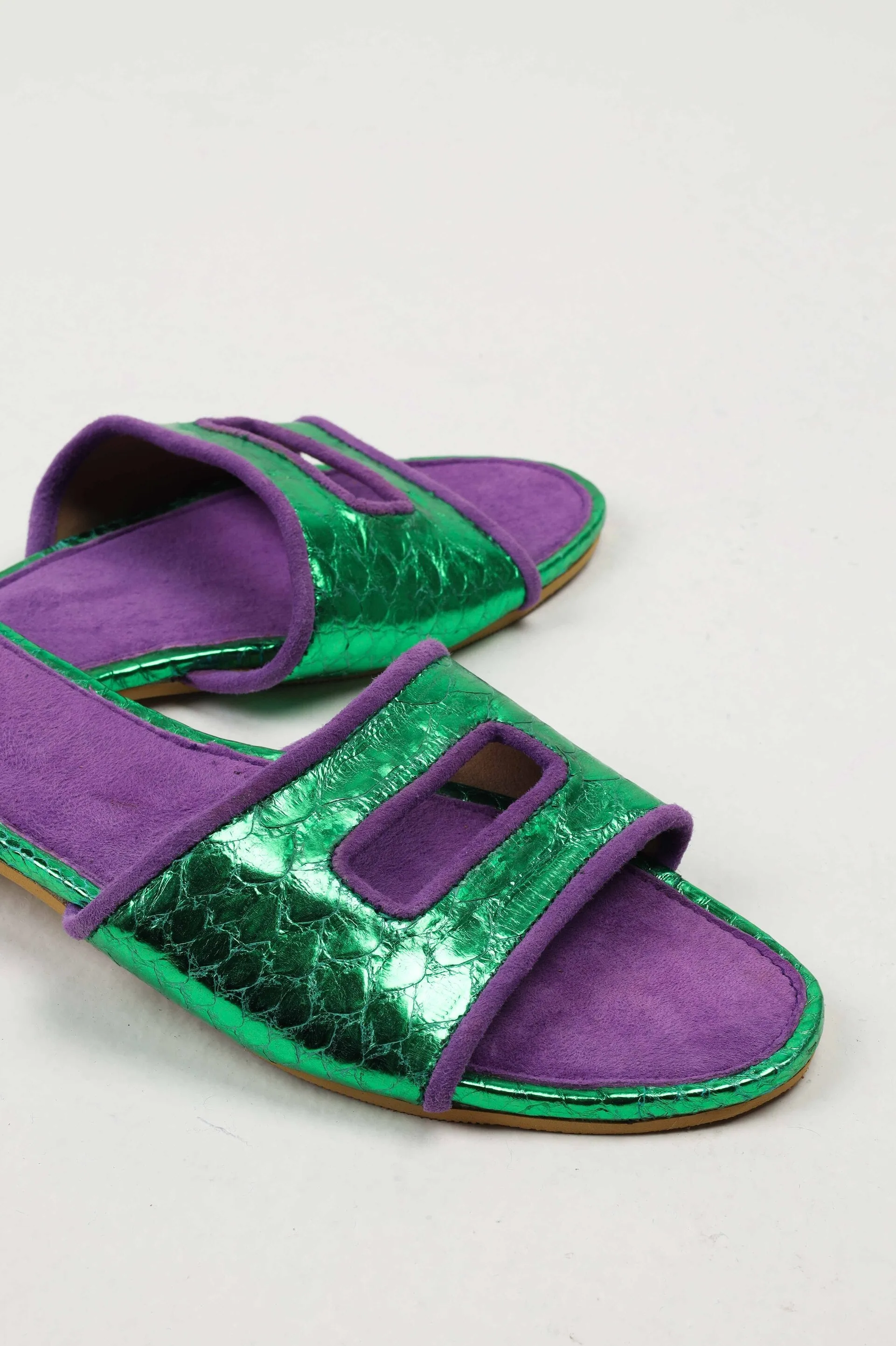 Cleo Green Metallic Slide Sandals