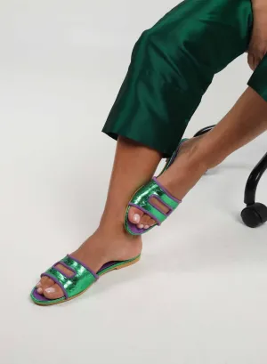 Cleo Green Metallic Slide Sandals