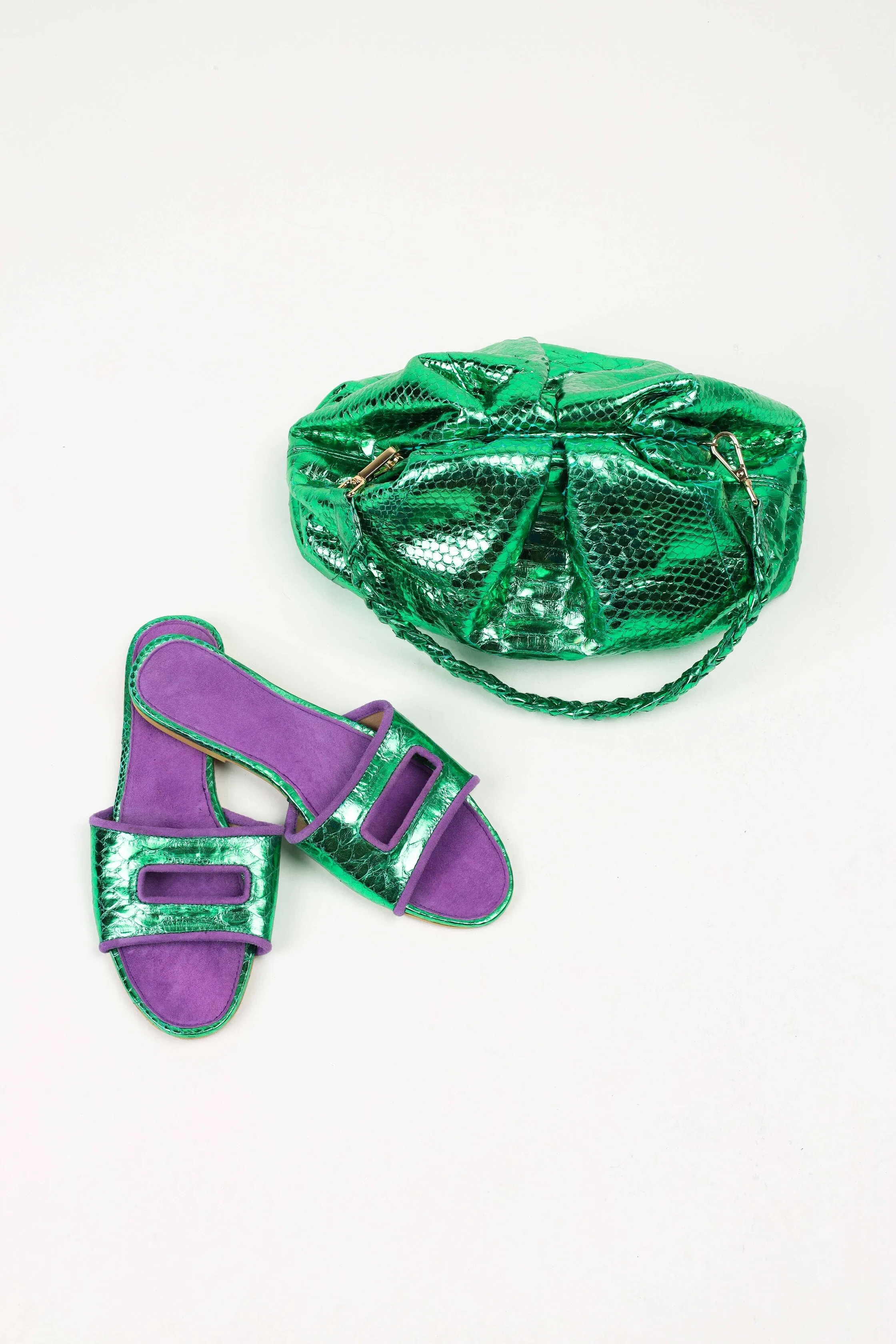 Cleo Green Metallic Slide Sandals