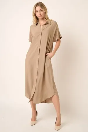 Collared Neck Dolman Short Sleeve Midi Shirt Dress in Camel