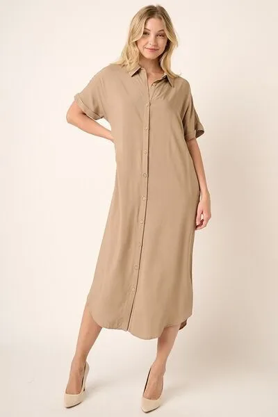 Collared Neck Dolman Short Sleeve Midi Shirt Dress in Camel