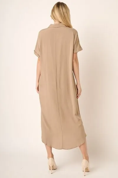 Collared Neck Dolman Short Sleeve Midi Shirt Dress in Camel