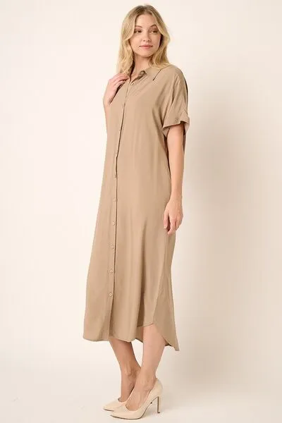 Collared Neck Dolman Short Sleeve Midi Shirt Dress in Camel