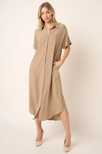 Collared Neck Dolman Short Sleeve Midi Shirt Dress in Camel