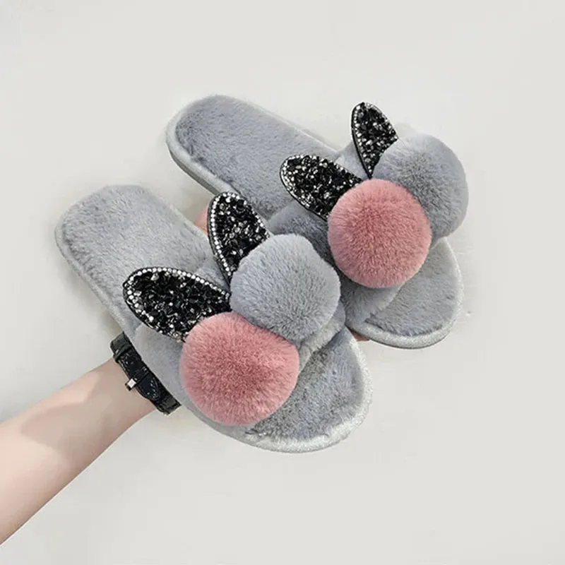 Crystal Rabbit Ear Slippers for Women