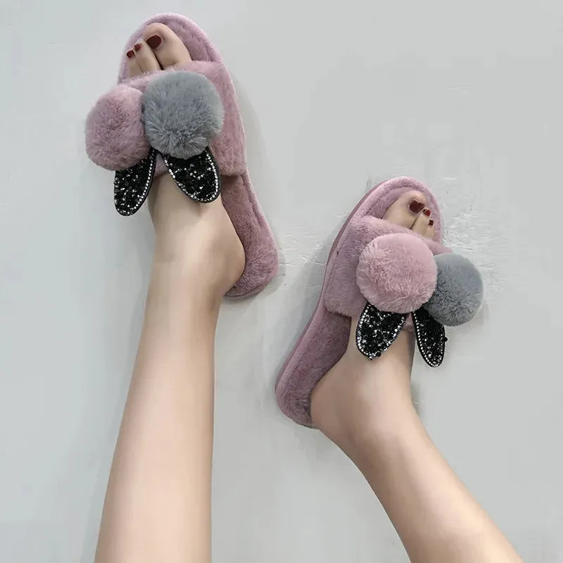 Crystal Rabbit Ear Slippers for Women