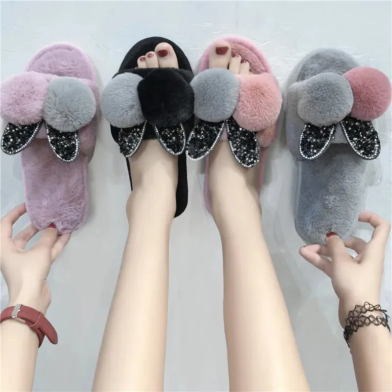Crystal Rabbit Ear Slippers for Women