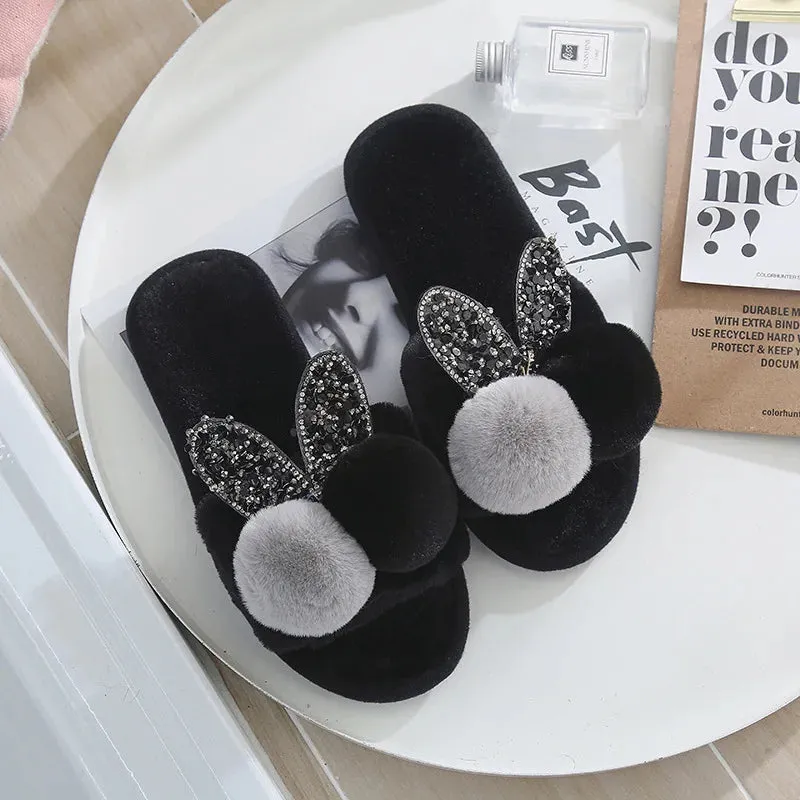 Crystal Rabbit Ear Slippers for Women