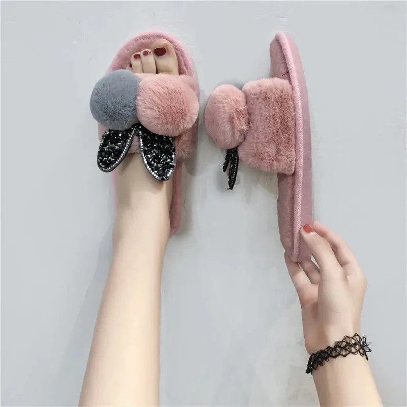 Crystal Rabbit Ear Slippers for Women