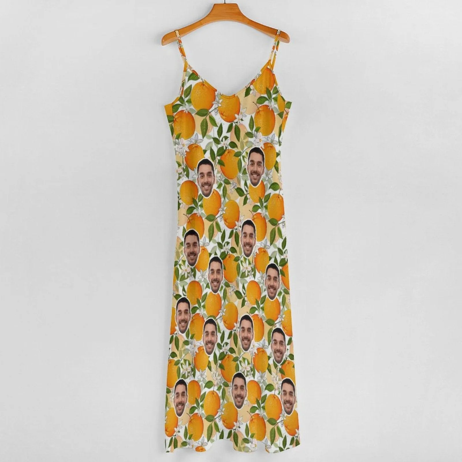 Custom Face Orange Straps Slip Dress Sleeveless Summer Dress Personalized Women's Long Slip Dress