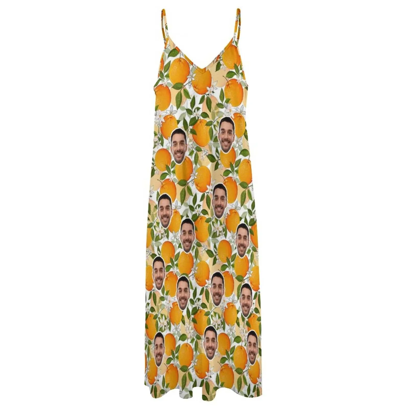 Custom Face Orange Straps Slip Dress Sleeveless Summer Dress Personalized Women's Long Slip Dress