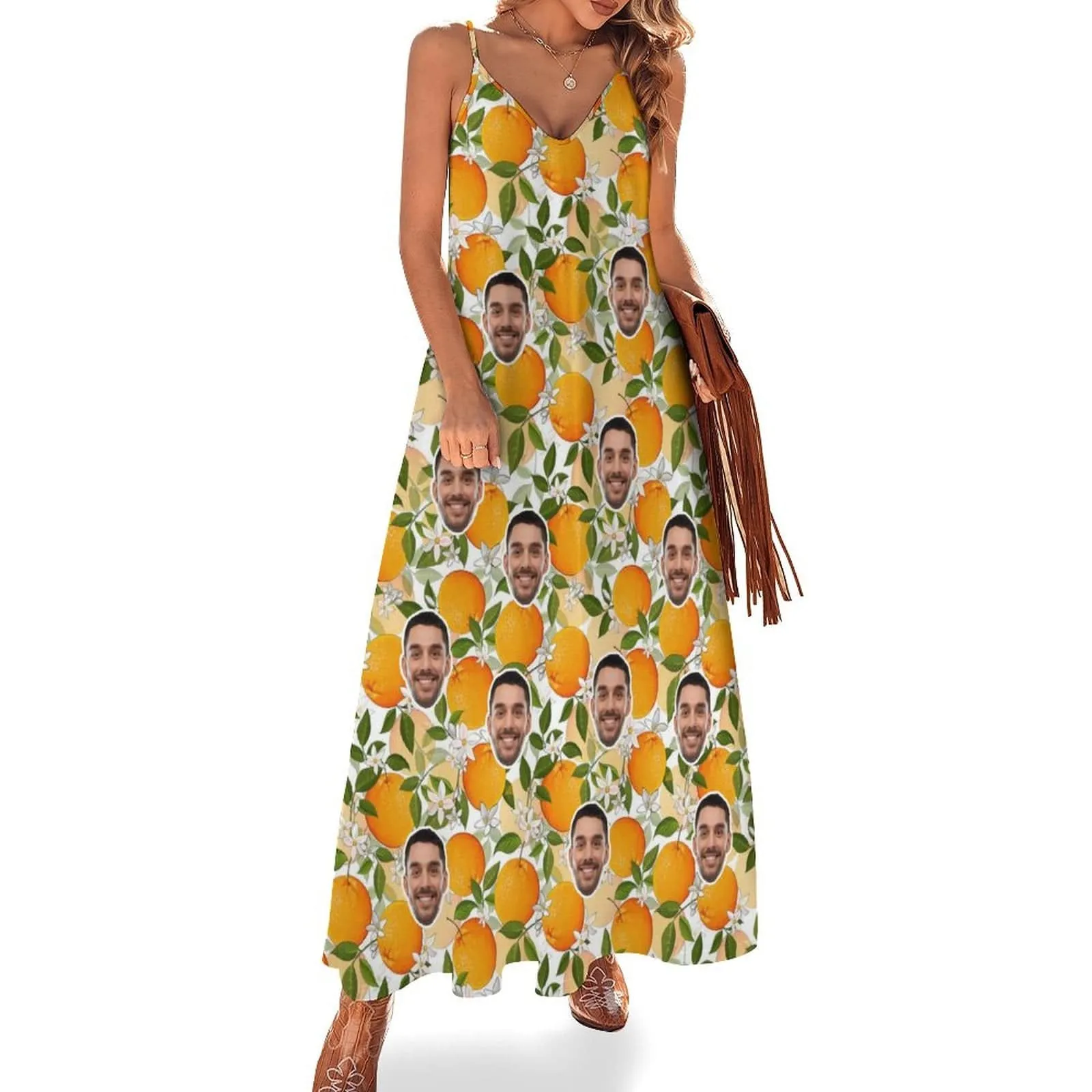 Custom Face Orange Straps Slip Dress Sleeveless Summer Dress Personalized Women's Long Slip Dress