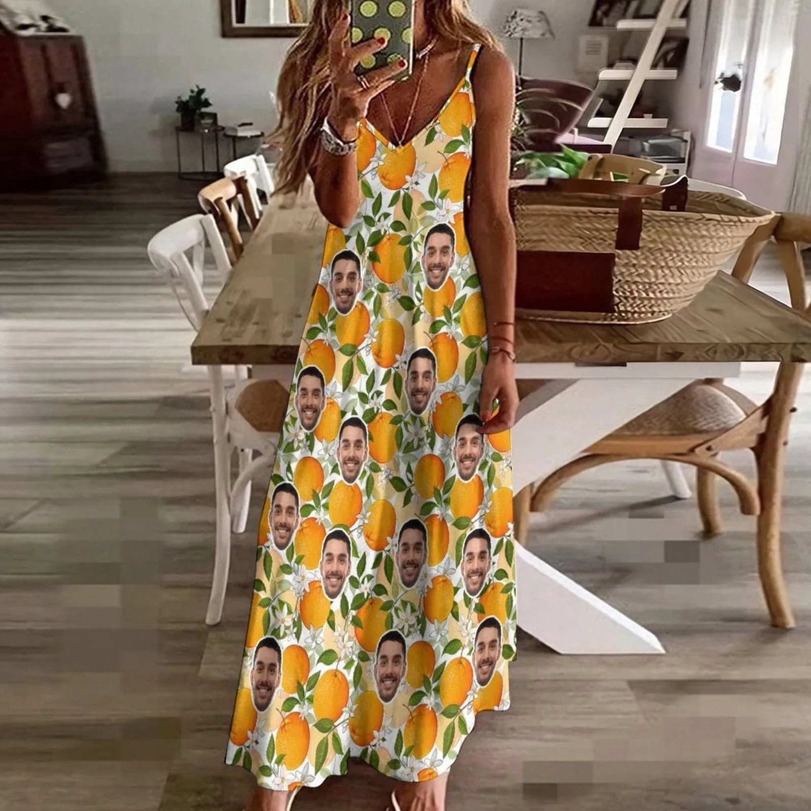 Custom Face Orange Straps Slip Dress Sleeveless Summer Dress Personalized Women's Long Slip Dress