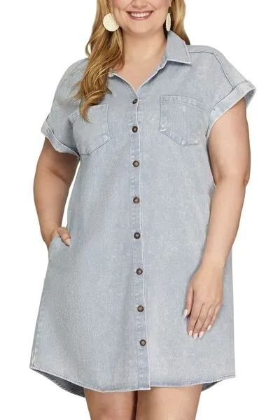 Folded Cuff Button Down Washed Twill Shirt Dress