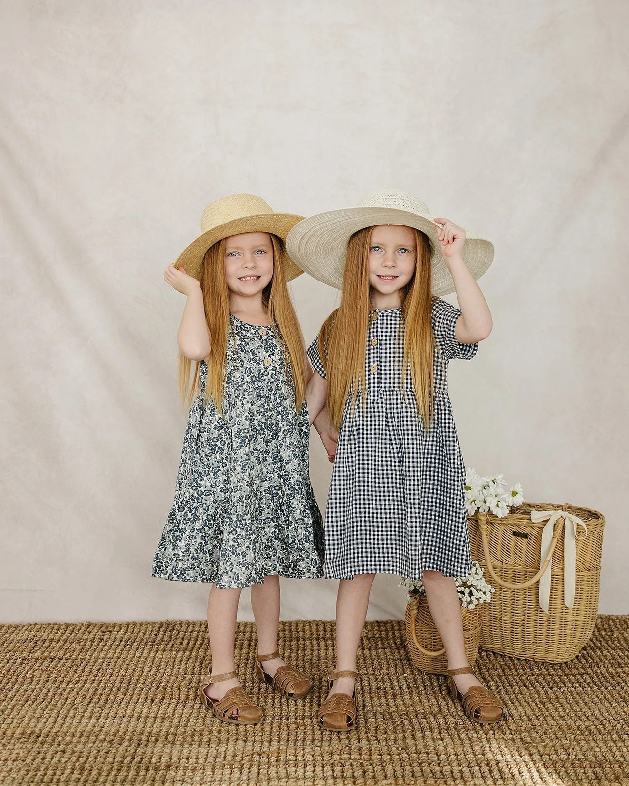 Girls Navy Gingham Linen Cotton Dress