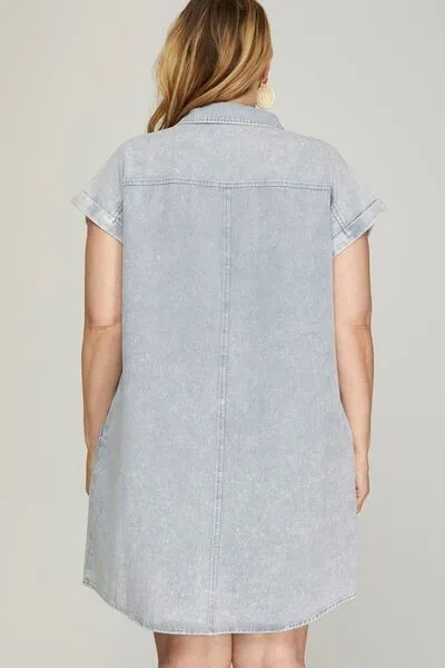 Hazel Blues® | She   Sky Folded Cuff Button Down Washed Twill Shirt Dress