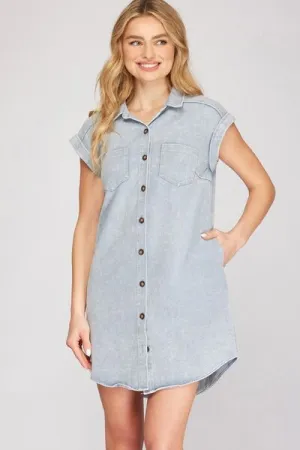 Hazel Blues® | She   Sky Folded Cuff Button Down Washed Twill Shirt Dress