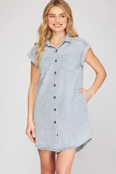 Hazel Blues® | She   Sky Folded Cuff Button Down Washed Twill Shirt Dress