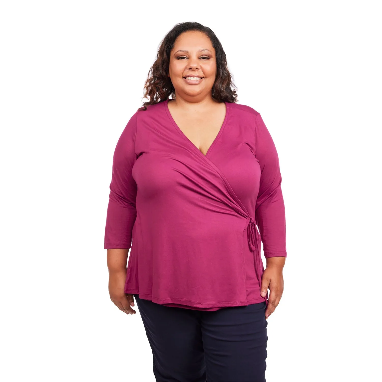 Inner Beauty Plus Solid 3/4 Sleeve Surplice Front V-Neck Top
