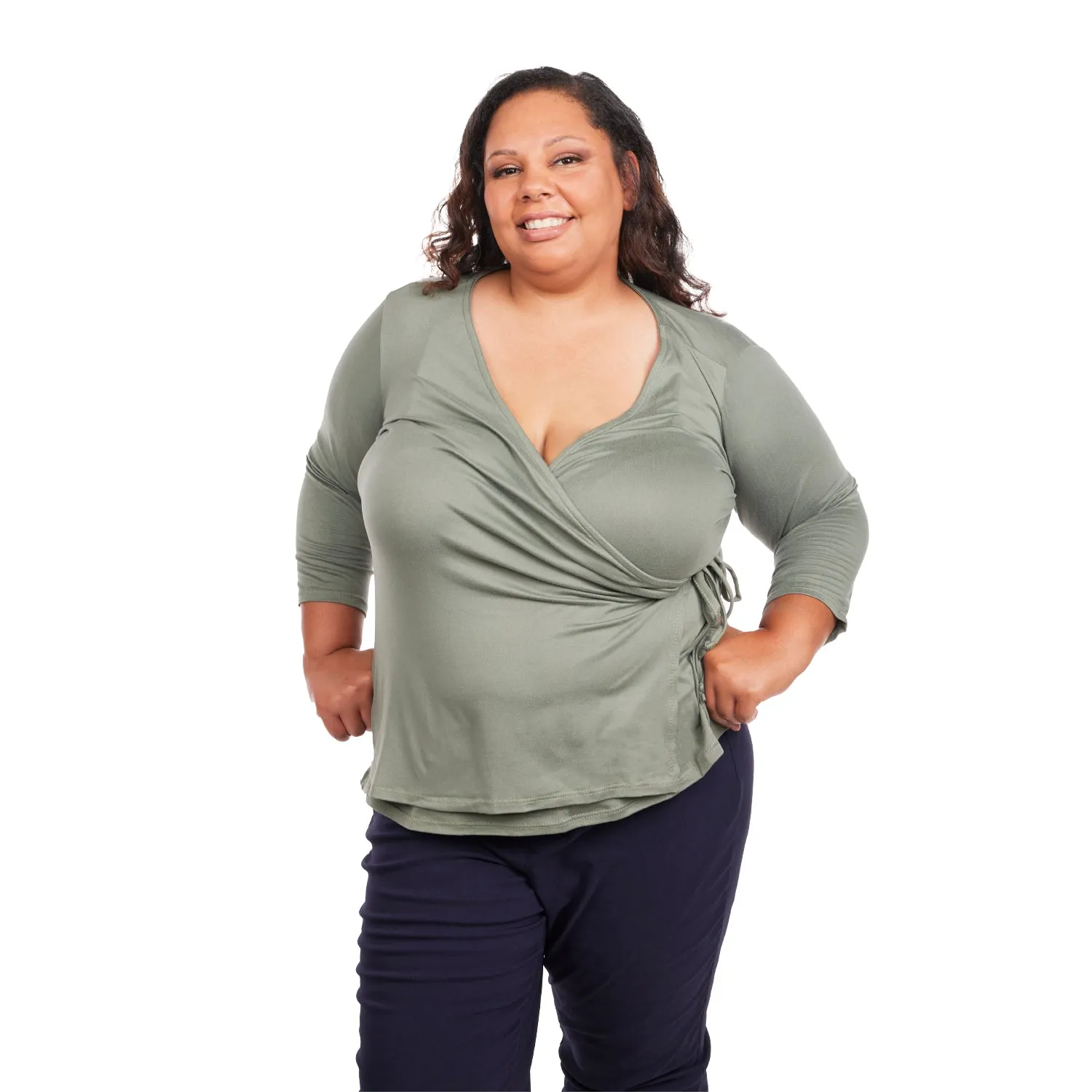 Inner Beauty Plus Solid 3/4 Sleeve Surplice Front V-Neck Top