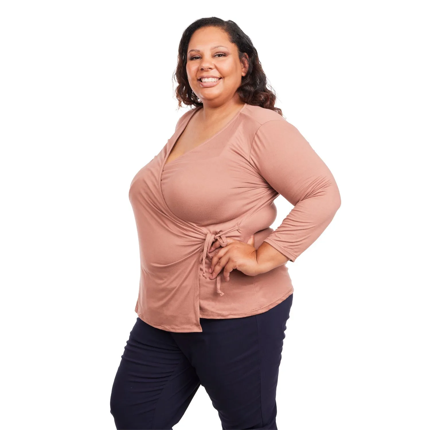 Inner Beauty Plus Solid 3/4 Sleeve Surplice Front V-Neck Top