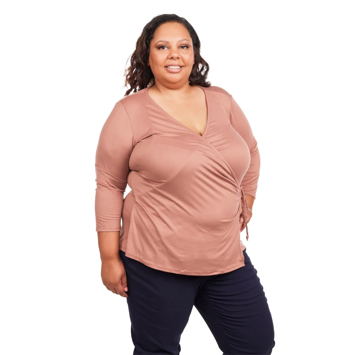 Inner Beauty Plus Solid 3/4 Sleeve Surplice Front V-Neck Top