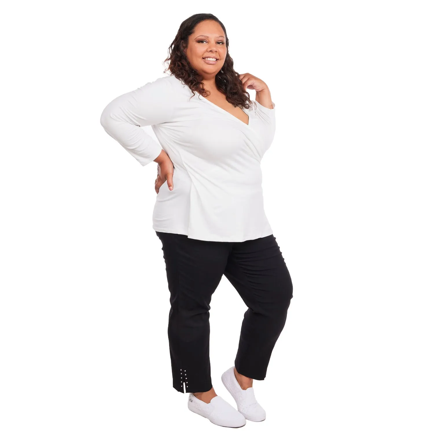 Inner Beauty Plus Solid 3/4 Sleeve Surplice Front V-Neck Top