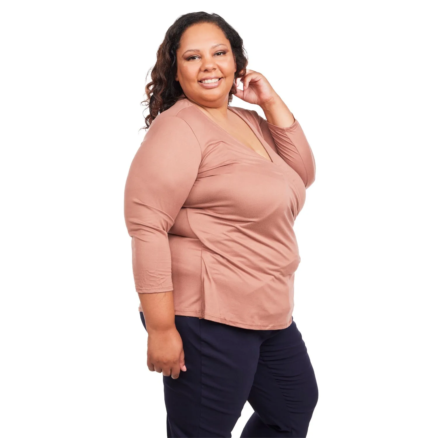 Inner Beauty Plus Solid 3/4 Sleeve Surplice Front V-Neck Top