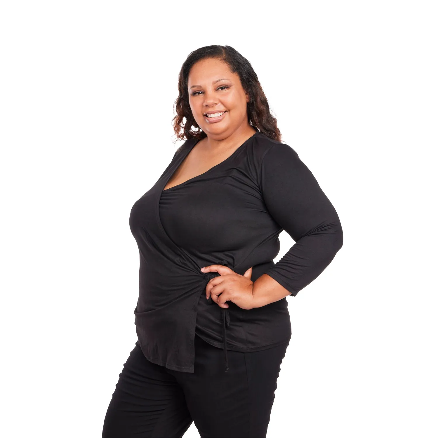 Inner Beauty Plus Solid 3/4 Sleeve Surplice Front V-Neck Top