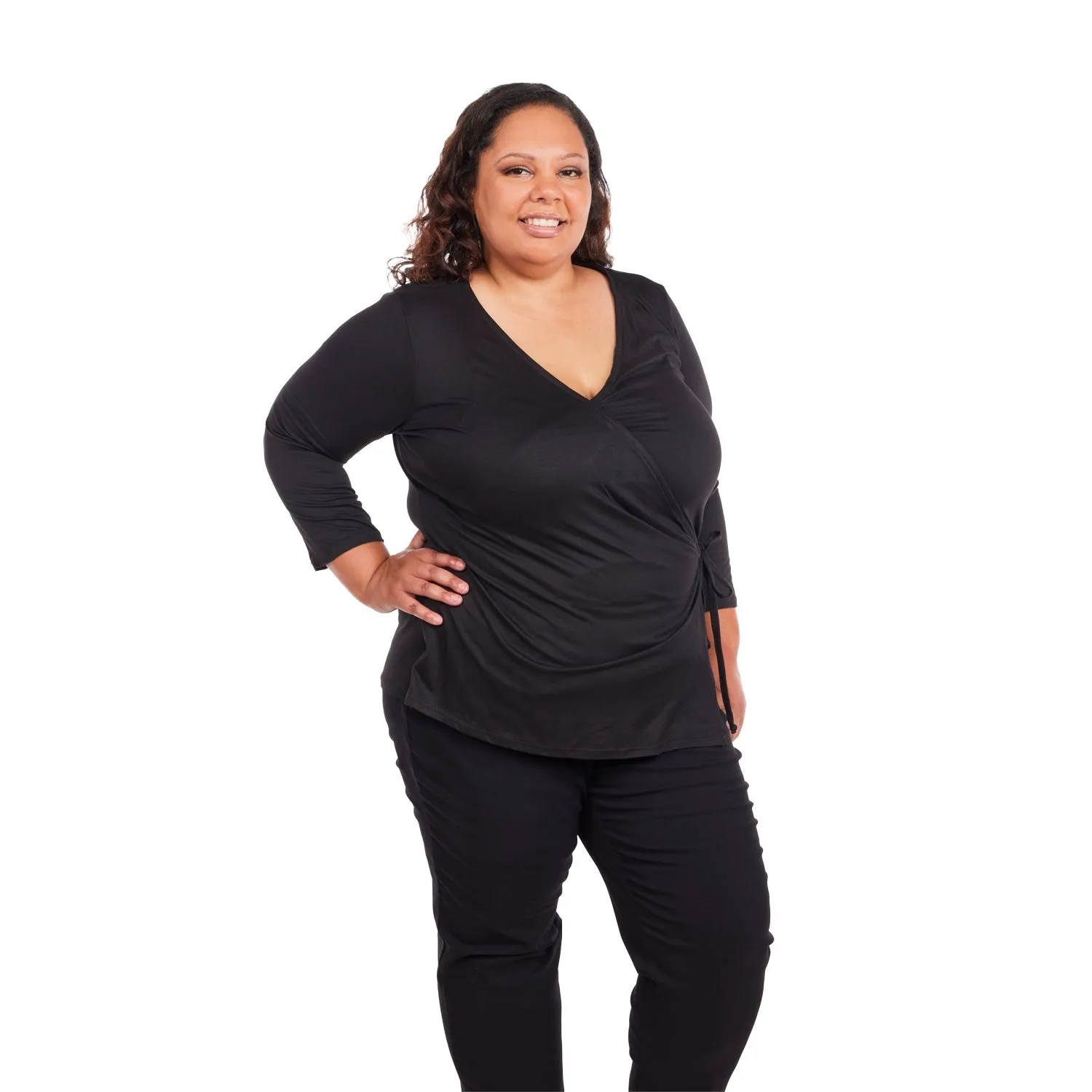Inner Beauty Plus Solid 3/4 Sleeve Surplice Front V-Neck Top