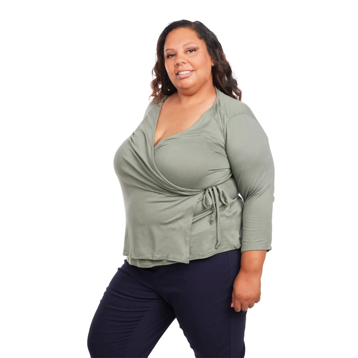 Inner Beauty Plus Solid 3/4 Sleeve Surplice Front V-Neck Top