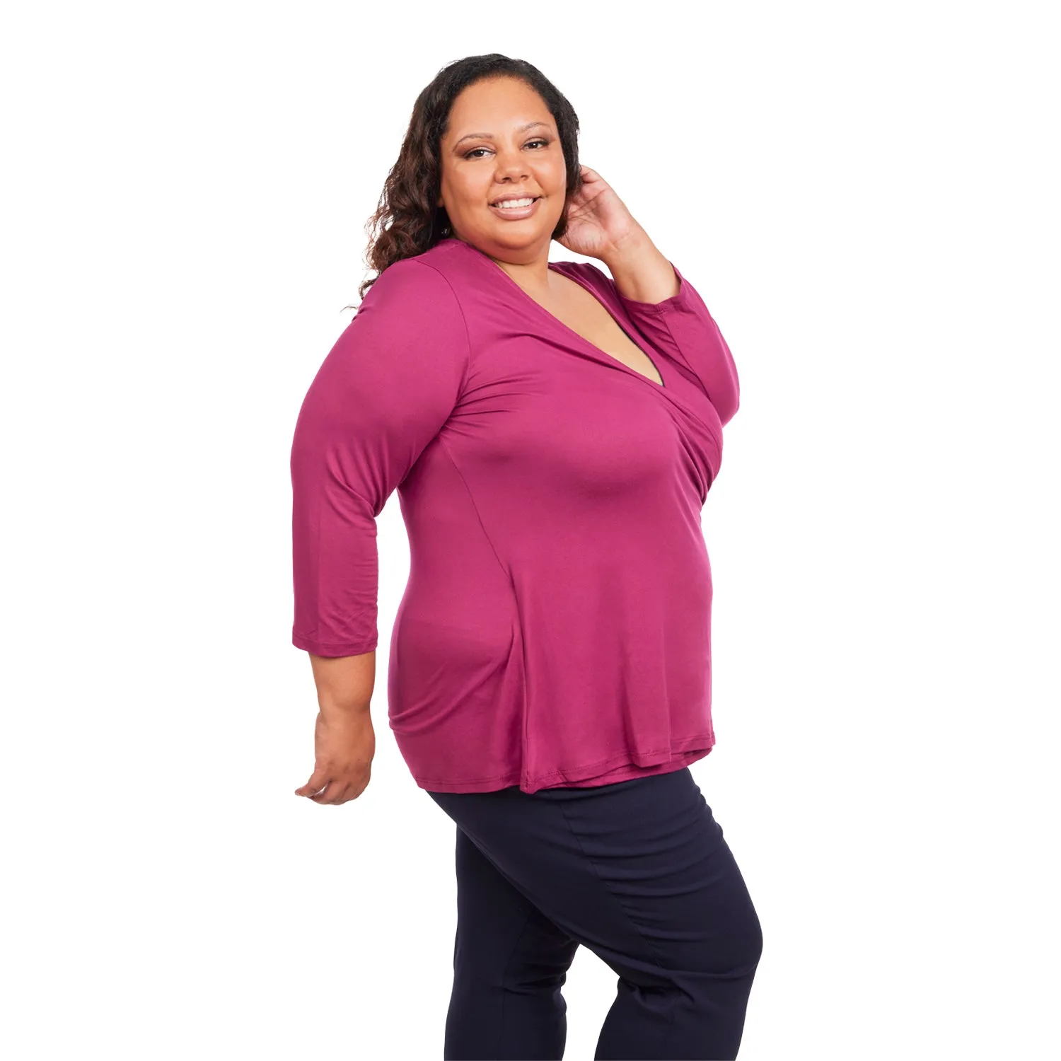 Inner Beauty Plus Solid 3/4 Sleeve Surplice Front V-Neck Top