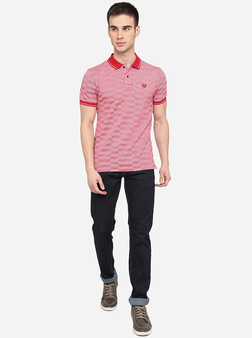 Light Red Striped Slim Fit Polo T-Shirt | Greenfibre