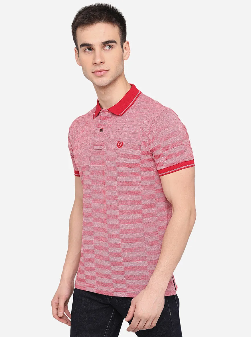 Light Red Striped Slim Fit Polo T-Shirt | Greenfibre