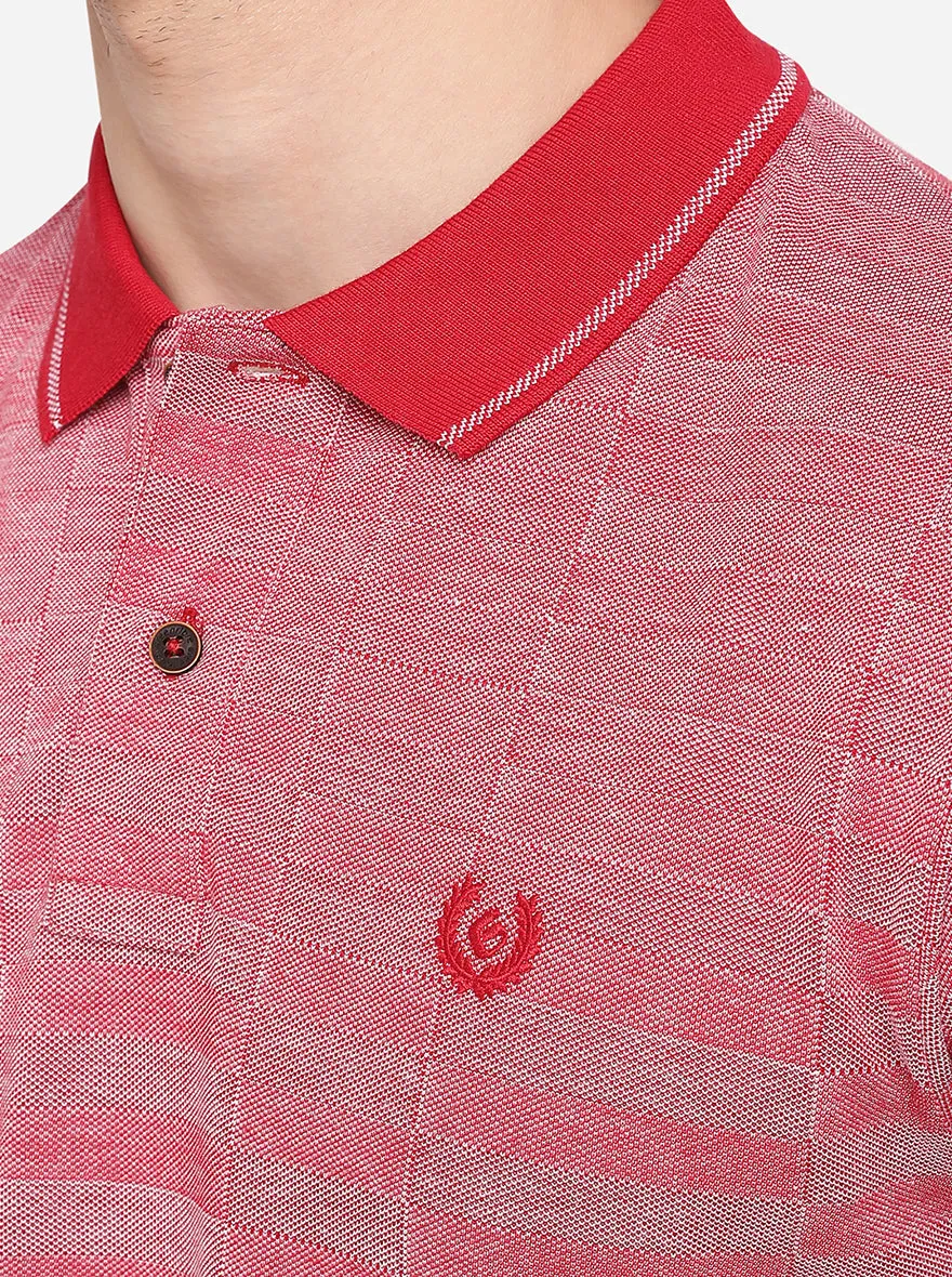 Light Red Striped Slim Fit Polo T-Shirt | Greenfibre