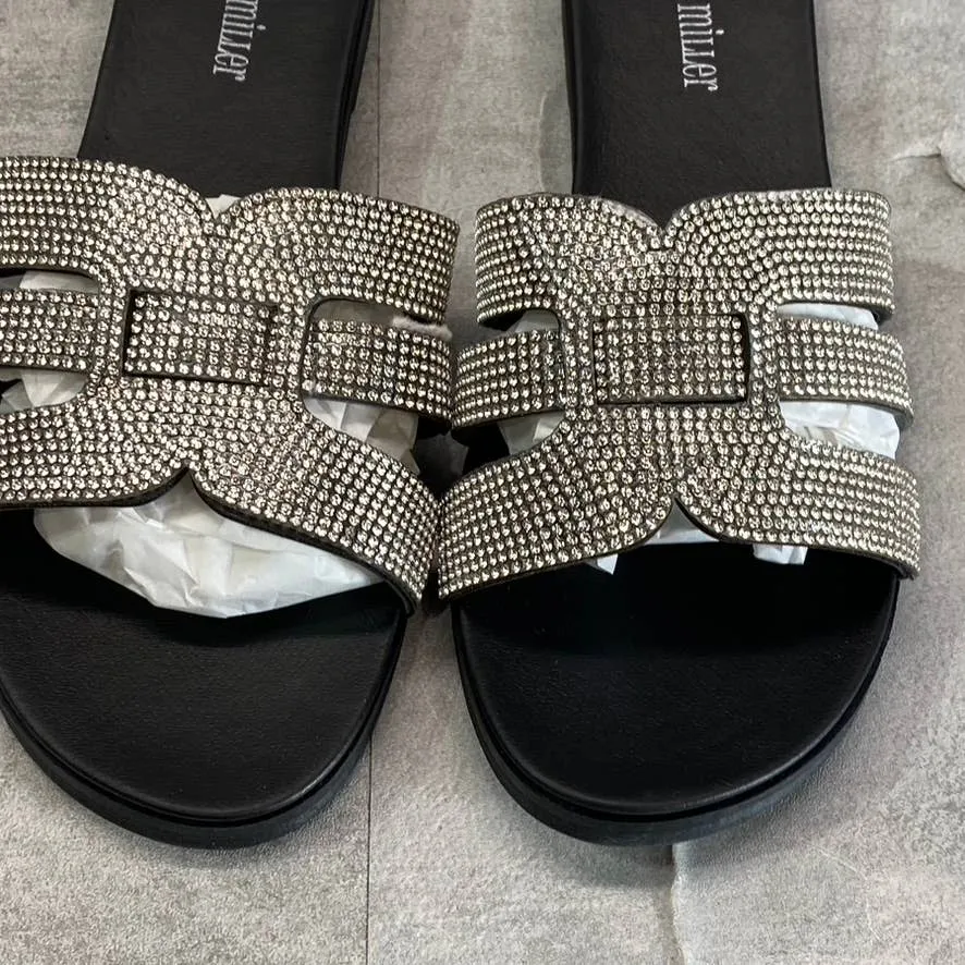 OLIVIA MILLER Women's Black Saltspring Rhinestone Embellished Strap Slide Sandals SZ 8