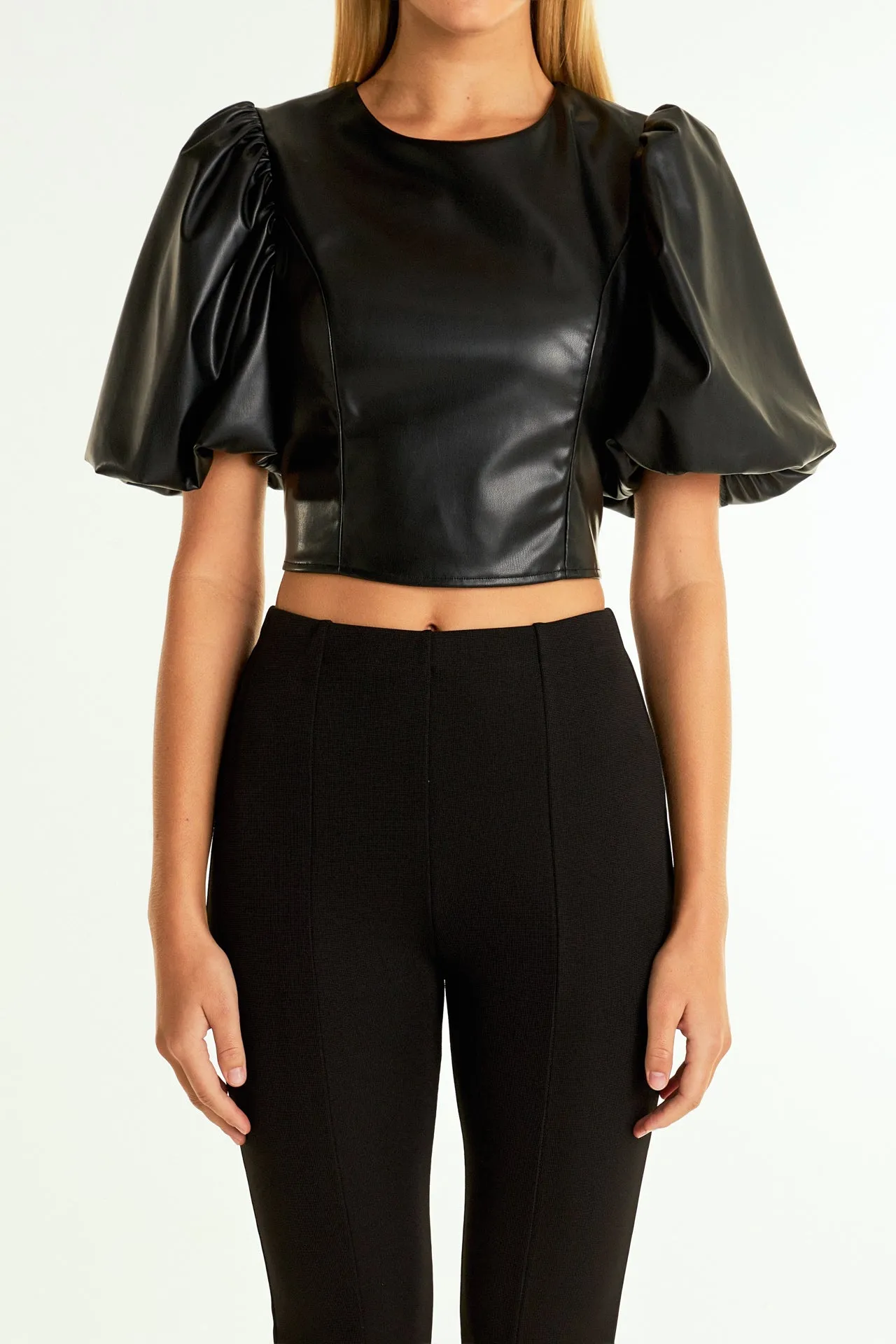 Pu Puff Sleeve Cropped Top