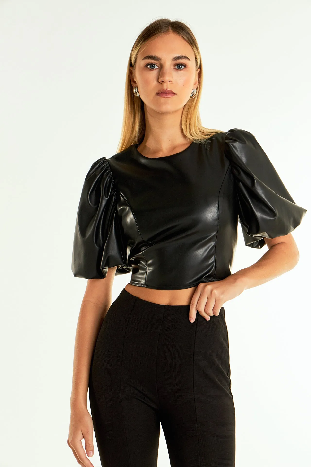 Pu Puff Sleeve Cropped Top
