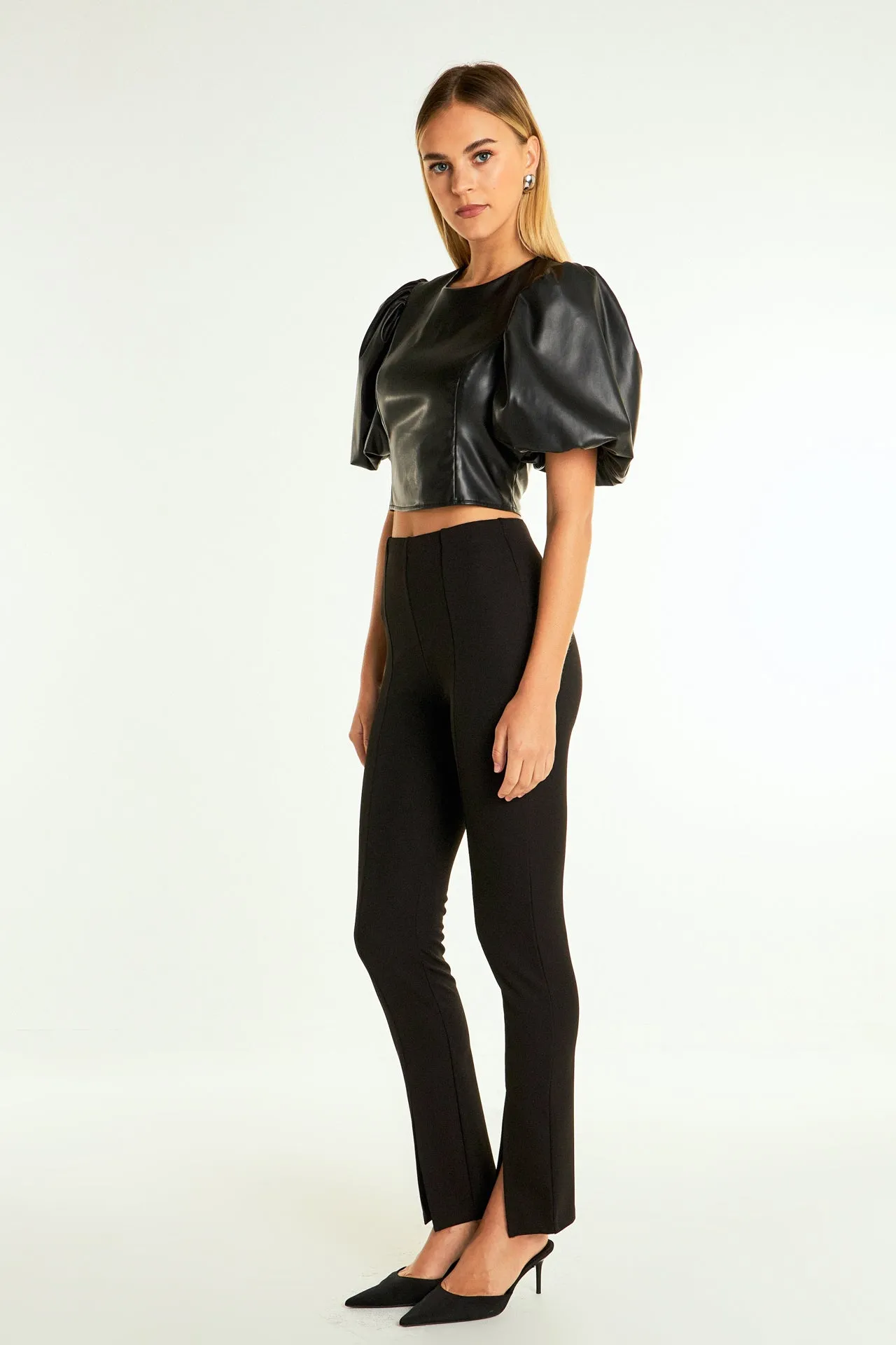 Pu Puff Sleeve Cropped Top