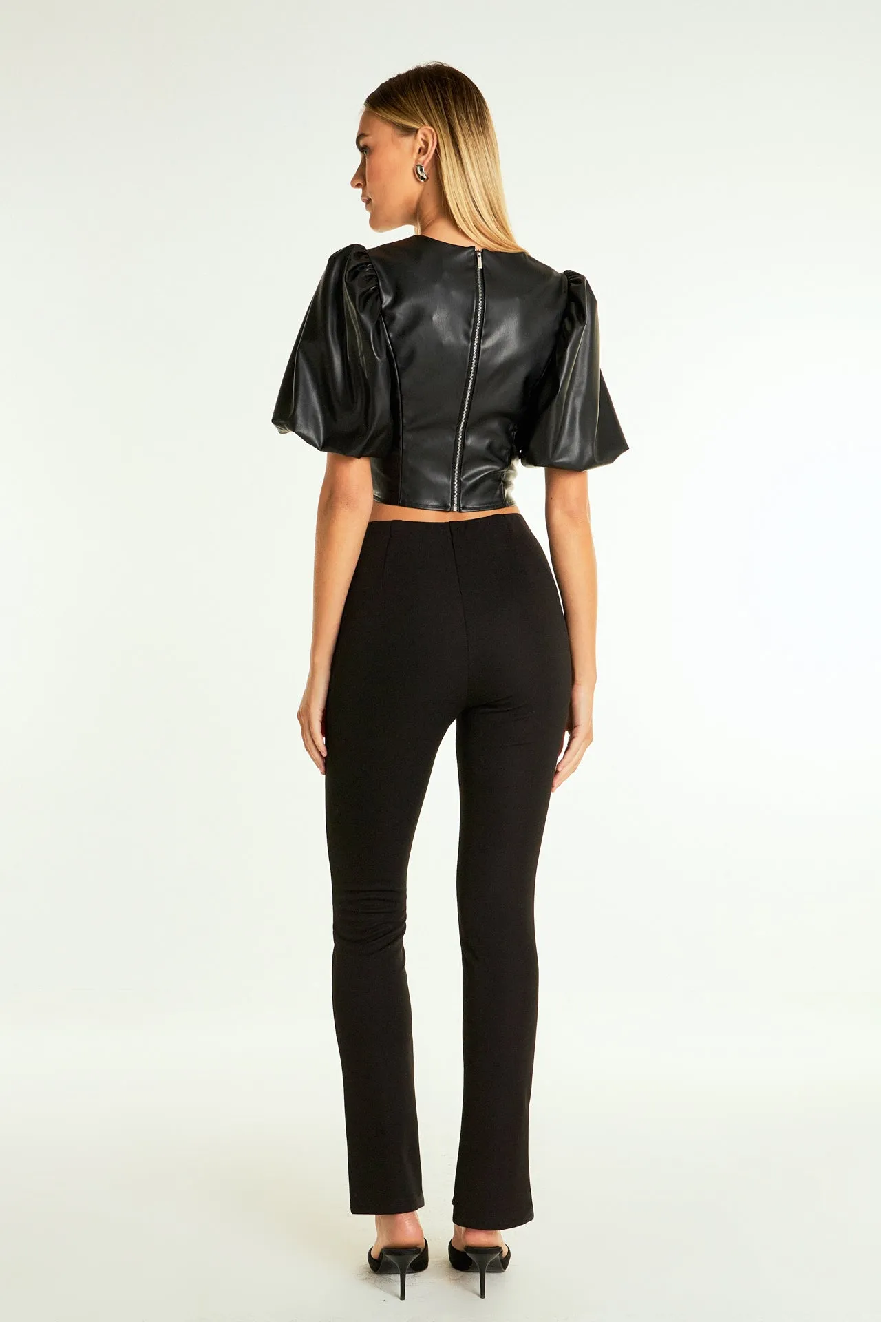Pu Puff Sleeve Cropped Top
