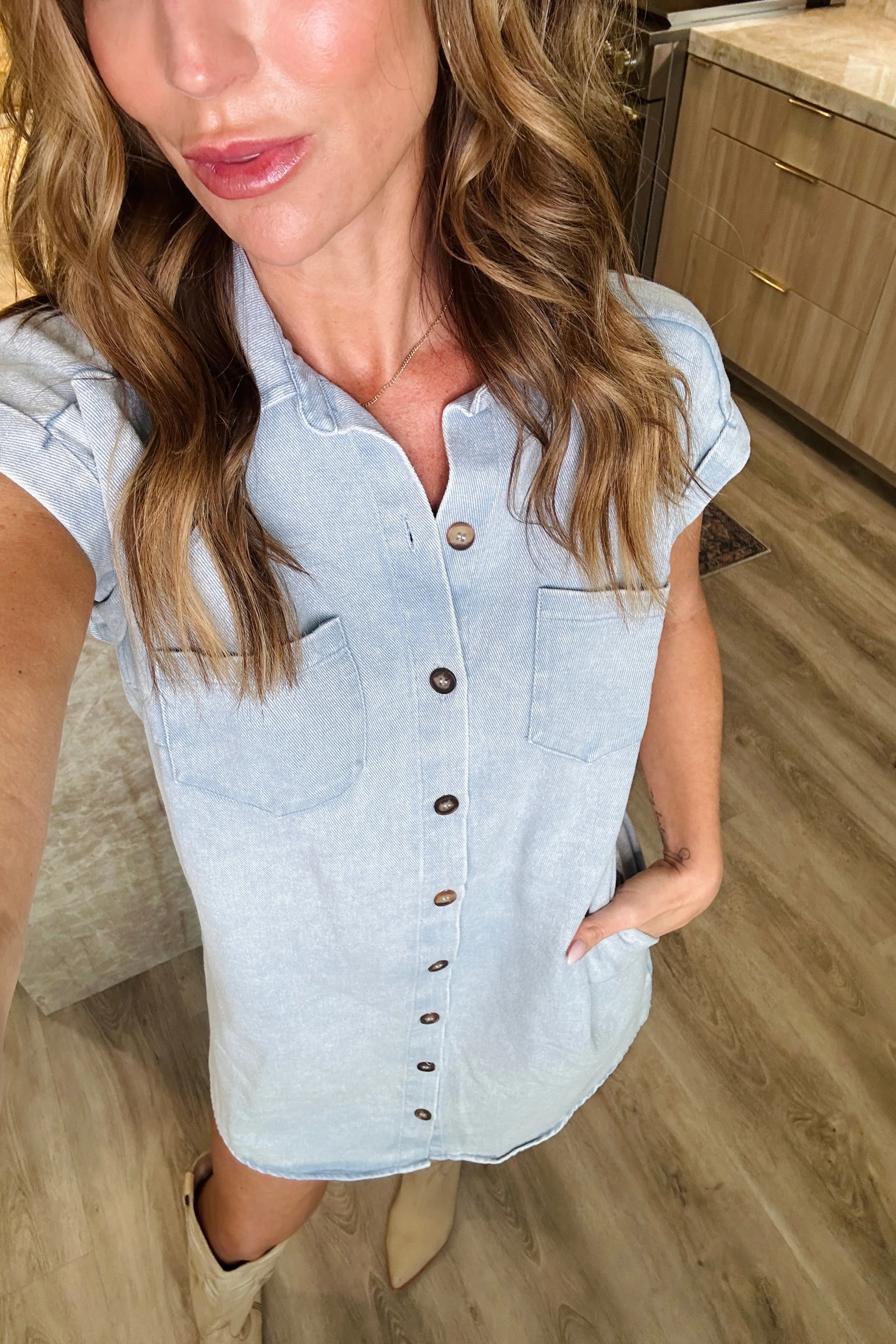 She   Sky Full Size Folded Cuff Button Down Washed Twill Shirt Dress Plus Size WH