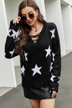 Shine All Day Lace-Up Star Pattern Sweater
