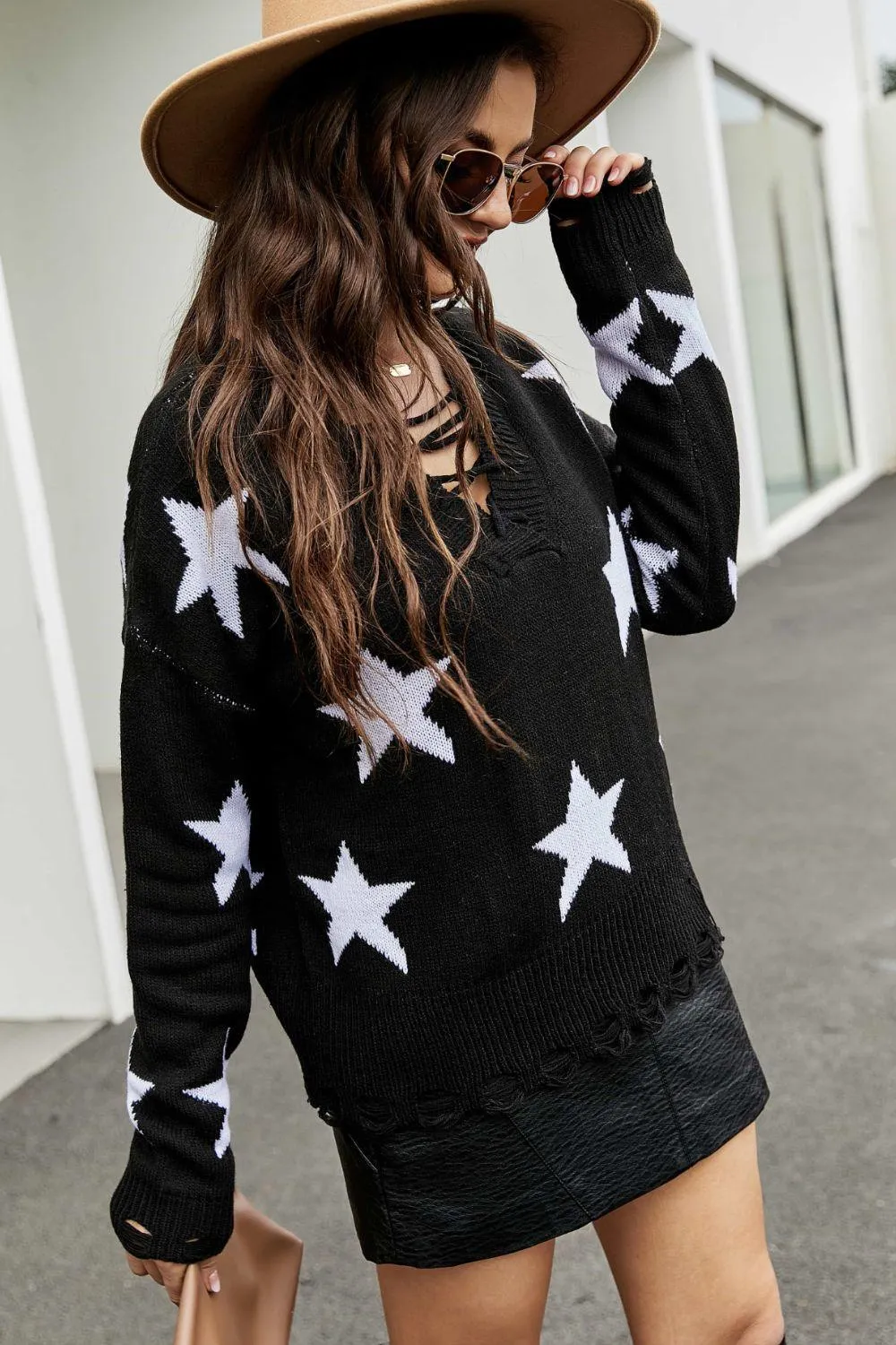 Shine All Day Lace-Up Star Pattern Sweater