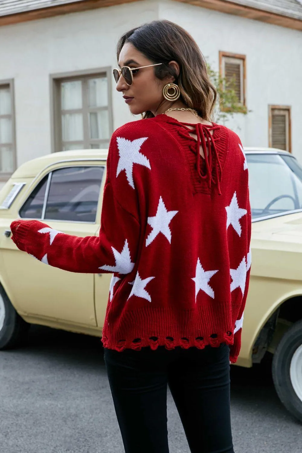 Shine All Day Lace-Up Star Pattern Sweater
