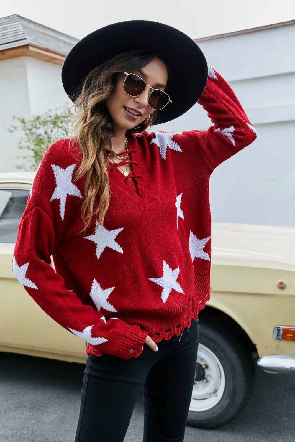 Shine All Day Lace-Up Star Pattern Sweater